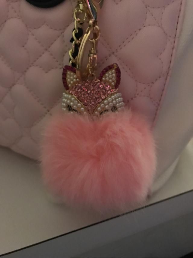artificial pearl rhinestone fox fuzzy puff ball keychain